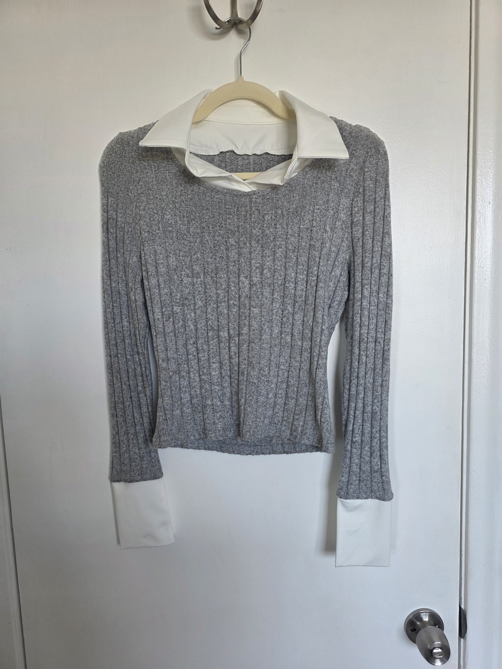 Grey Ribbed Knit Sweater with White Collar and Cuffs